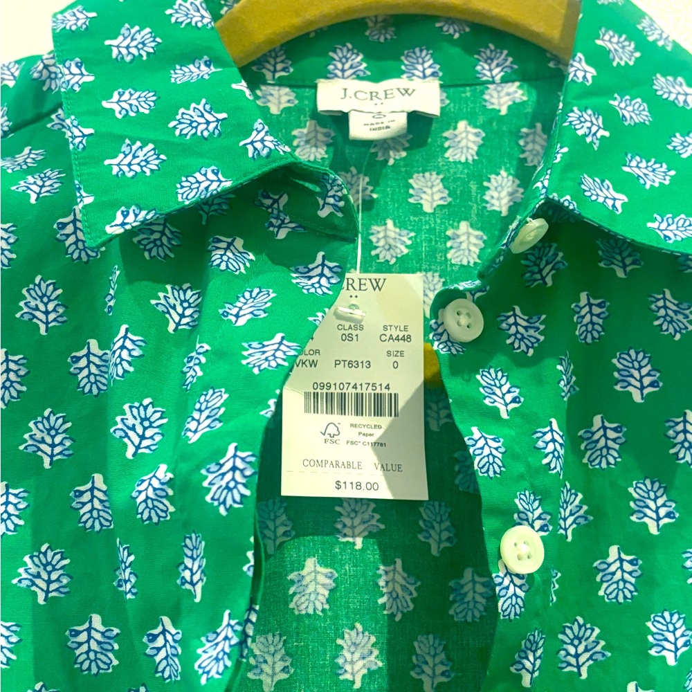 J Crew green floral puff sleeved dress.